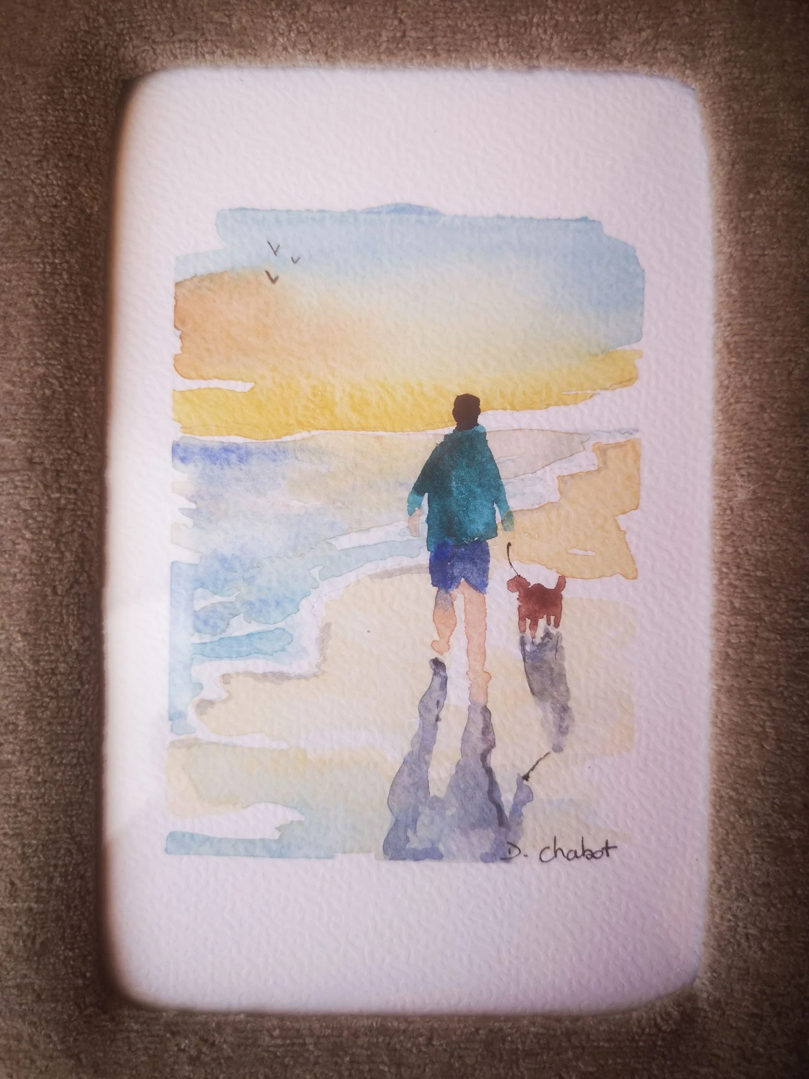 Aquarelle peinte à la main et son cadre peluche "promenade à la mer"  – photo 3